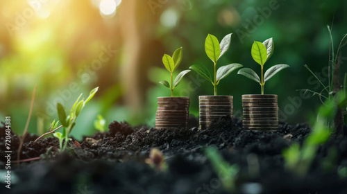 Stacks of coins with green sprouts on top. Different levels of coins. Finance, business concept. Money growth.