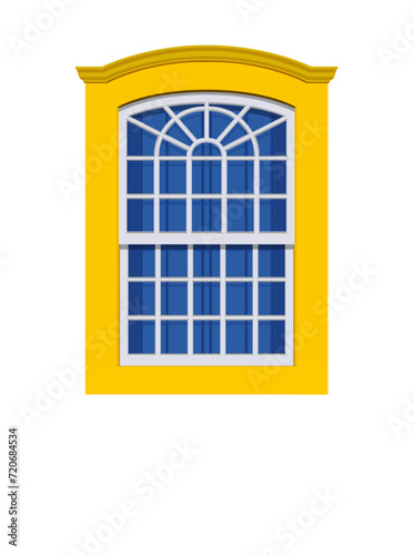 Paraty, Brazil. yellow and blue colored window of an old house from the colonial period in the historic center. EPS vector realistic illustration.