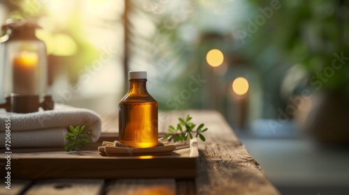 Essential Oil Bottle with Spa Accessories and Plants