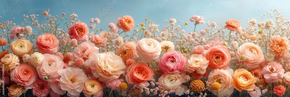 field of flowers with a blue sky as the backdrop, banner field of flowers with a blue sky as the backdrop, banner