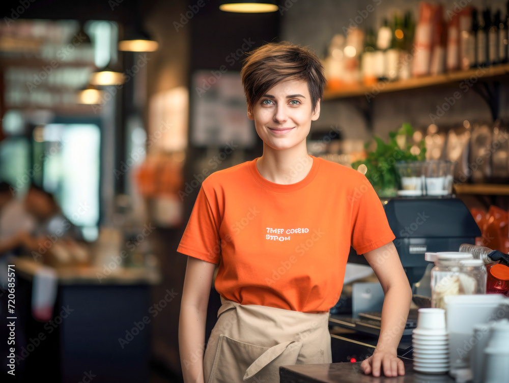 Advertising scene. pretty African barista woman. barista clothes Advertising scene. pretty African barista woman. barista clothes