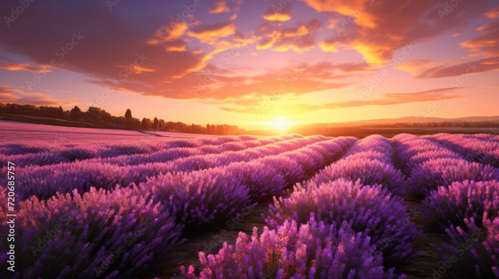 Fototapeta premium Lavender flower field in bloom at sunset. Golden hour. AI Generated 