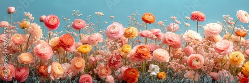 A group of colorful ranunculus  flowers blossoming in the grass under the suns rays.p