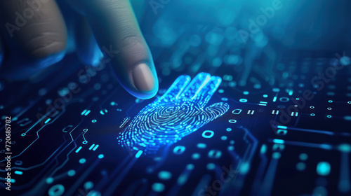 Digital banking. Cybersecurity. Data protection. Close-up of a man scanning his fingerprint for biometric identity and approval. Future security concept, password control through fingerprints.