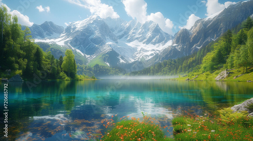  A tranquil lake nestled in the heart of a verdant valley, reflecting the vibrant colors of the surrounding forest and snow-capped peaks.