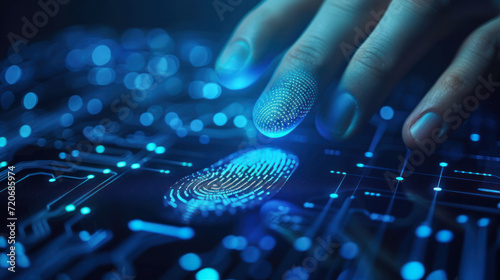 Digital banking. Cybersecurity. Data protection. Close-up of a man scanning his fingerprint for biometric identity and approval. Future security concept, password control through fingerprints. photo