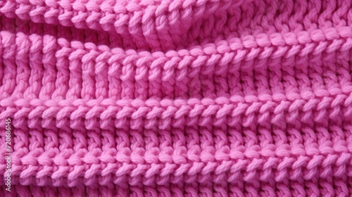 The texture of the knitted fabric. The yarn is pink in color. Close-up of the rows and patterns of the knitted product.