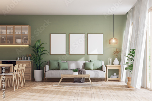 Modern contemporary cozy green wall living and dining room 3d render   The rooms have wooden floors decorated with potted plants large window nature light in to the room