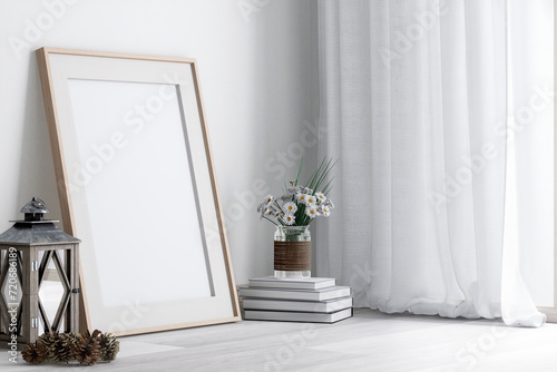 Fototapeta Naklejka Na Ścianę i Meble -  Empty picture frame made of wood Place it on the floor against the wall next to a window with white curtains in a bright room 3d render, Decorated with vintage style lanterns and flower vases.