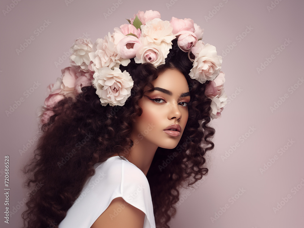 Naklejka premium Beautiful young woman with luxury long hair. Professional Make up. Fashion promotion and hair style inspiration. Exotic girl, with wreath of white roses on her head, rose Ash background
