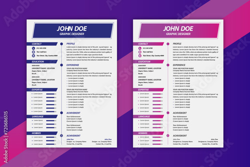 Modern minimal resume template navy blue magenta gradient color variations, vector pro illustration
