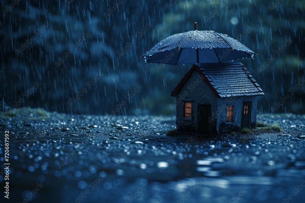 Miniature House Under Umbrella in Rain