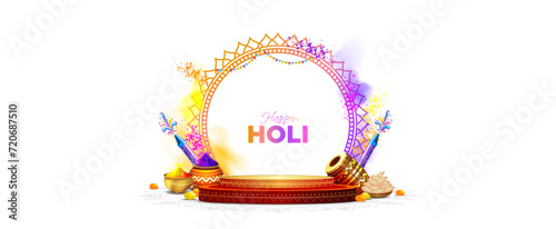 Holi festival background with podium stage for product display stand design. Happy Holi text with Indian traditional decoration and elements.