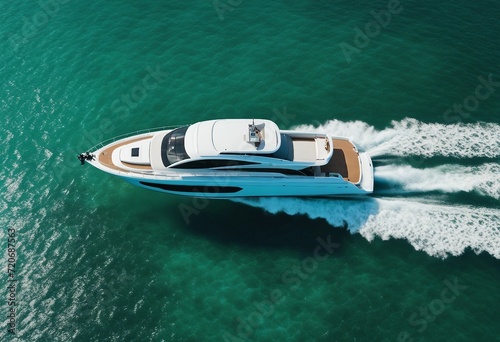 Aerial view of luxury motor boat Speed boat on the azure sea in turquoise blue water birdseye aerial © ArtisticLens