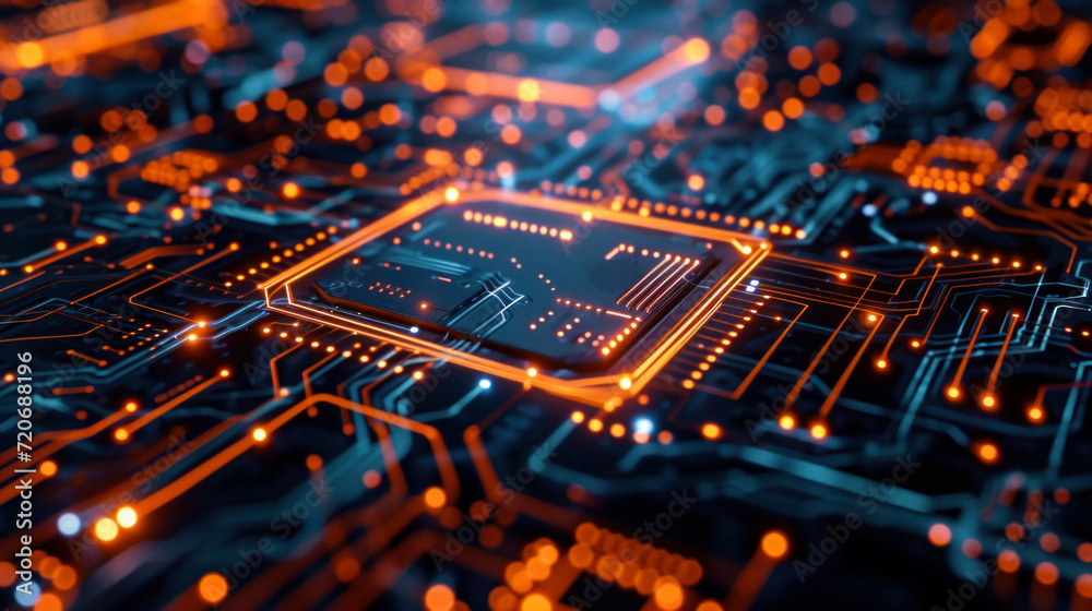 Advanced technology. PCB processor microchip, digitization of neural networks. Digital lines transmit data. Technology concept.