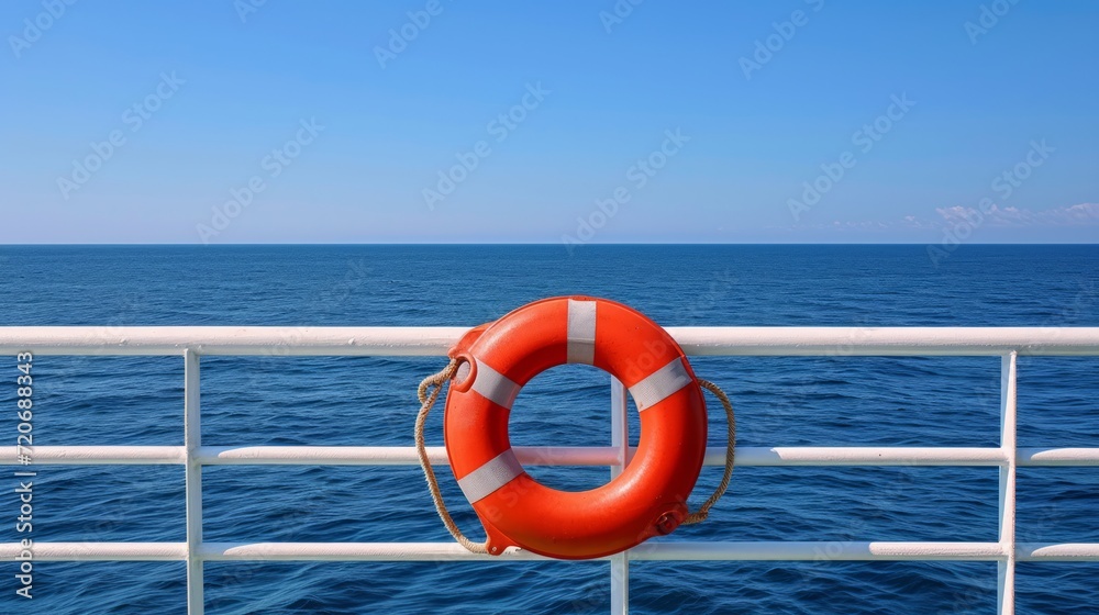 Maritime Safety: Lifebuoy on Ship Overlooking Sea
