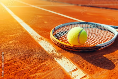 Tennis Racket and Ball on Clay Court