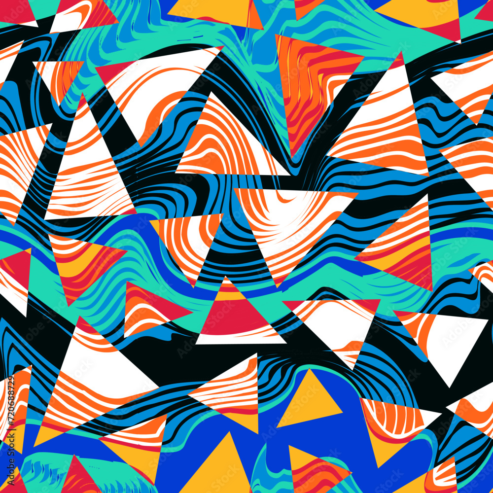 Fototapeta premium Colourful triangles with wavy lines. Seamless pattern.