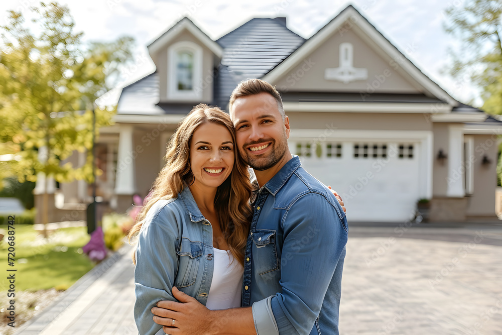 Middle-aged couple stands in front of house, real estate property