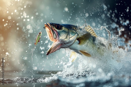 Predatory Fish Chasing Lure in Water with Dynamic Splashes photo