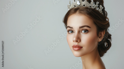 beautiful woman bride with tiara on head on bright background , copy space. 