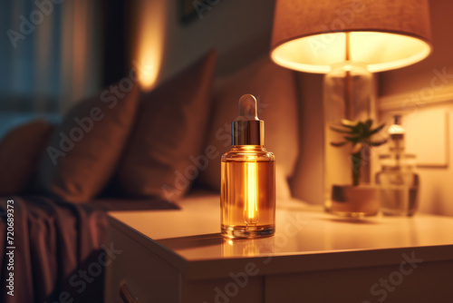 Skinvestment. Sleek bottle of night repair serum on a bedside table, convey a serene nighttime skincare routine