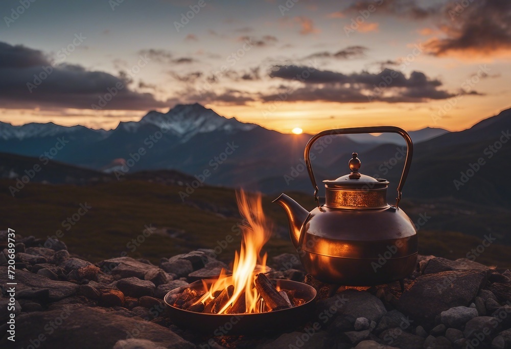 Camp fire and tea pot tent and mountains in the background at sunset Travel concept and Hobbies Camp fire and tea pot tent and mountains in the background at sunset Travel concept and Hobbies