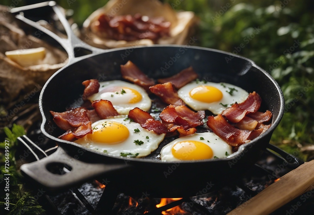 Camping breakfast with bacon and eggs in a cast iron skillet Fried eggs with bacon in a pan in the f Camping breakfast with bacon and eggs in a cast iron skillet Fried eggs with bacon in a pan in the f