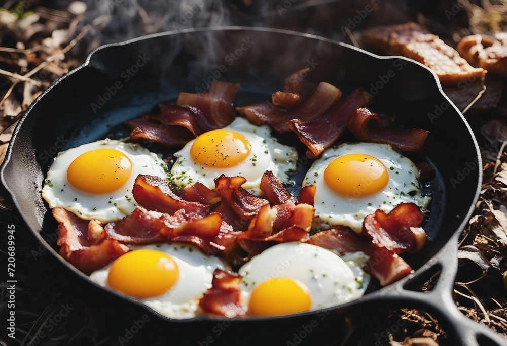 Camping breakfast with bacon and eggs in a cast iron skillet Fried eggs with bacon in a pan in the f Camping breakfast with bacon and eggs in a cast iron skillet Fried eggs with bacon in a pan in the f