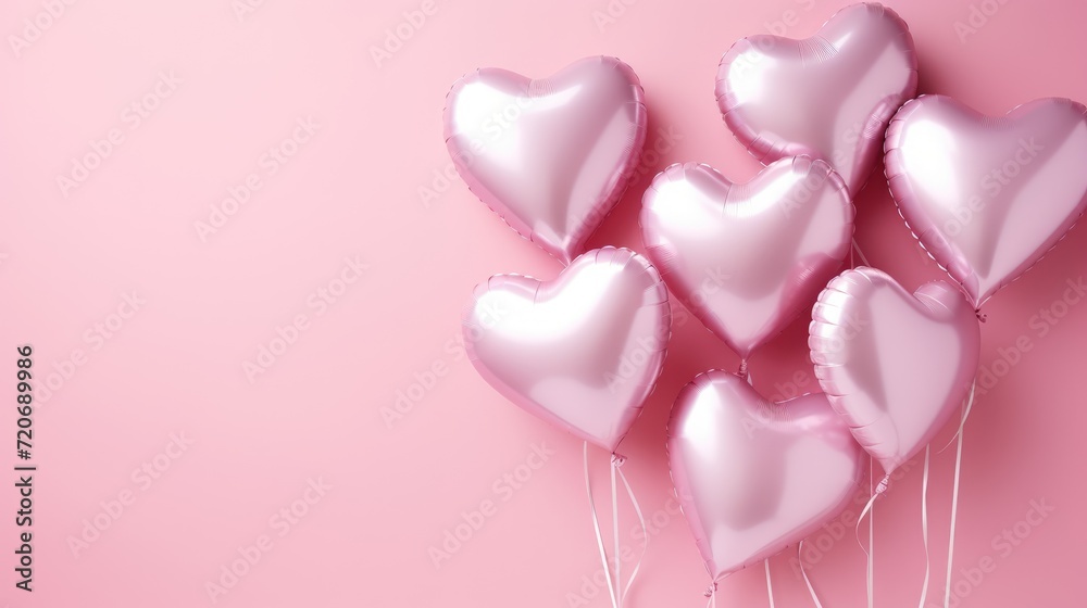 Foil balloons in the shape of a heart on a pink background. The concept of love. Decoration for Valentine's Day or wedding, women's day. A place for the text.