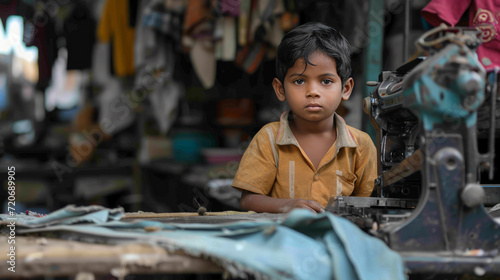 child labour as a problem, clothing workshop on the background
