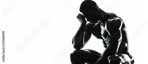 Pensive P, muscular man's body on Isolated white background, Isolated white background, Isolated white background