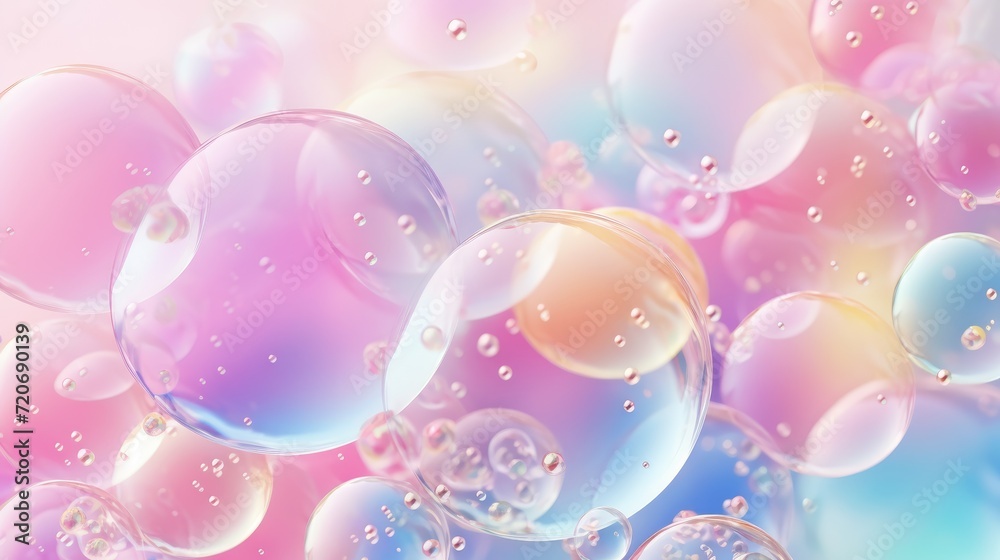 An iridescent air bubble on a background with a gradient. A lot of bubbles are flying in a chaotic manner.