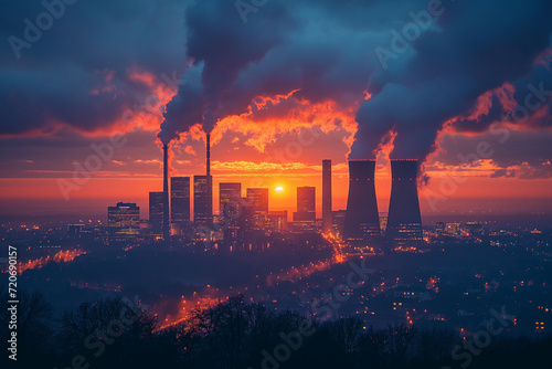 Silhouette of a night city with chimneys of industrial enterprises from which smoke comes. photo