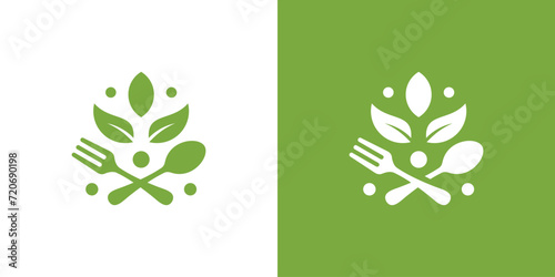 Creative Healthy Organic Logo. Spoon Fork Leaf, Eco Vegetarian Fresh Food Green Salad Healthy Food Logo Design Template.