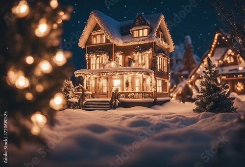 Christmas House decorated with glowing lights for winter holidays in vintage style Christmas village © ArtisticLens