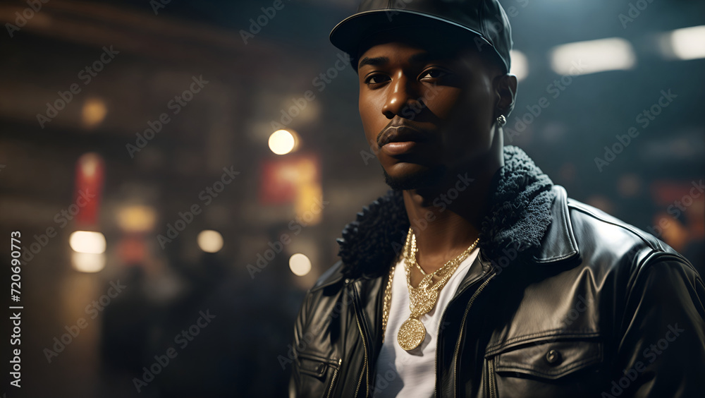 Casually dressed rapper in a baseball cap and leather jacket. Portrait of a hip hop artist in bar - obrazy, fototapety, plakaty 