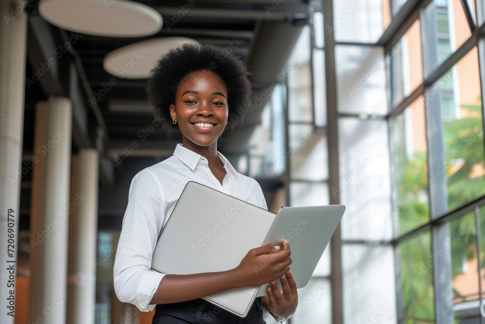 Smiling African American businesswoman. Diversity and culture. Image features a positive professional, highlighting diversity and cultural richness in the corporate world. Smiling African American businesswoman. Diversity and culture. Image features a positive professional, highlighting diversity and cultural richness in the corporate world.