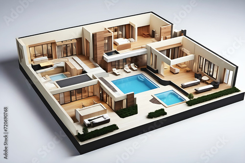 modern house plan 3d view, Modern Interior Design Floor Plan 3d Render, 3d construction house design model. © MDKhairul
