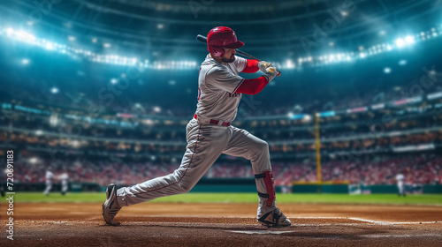 Baseball Player Swinging Bat on Top of Green Field