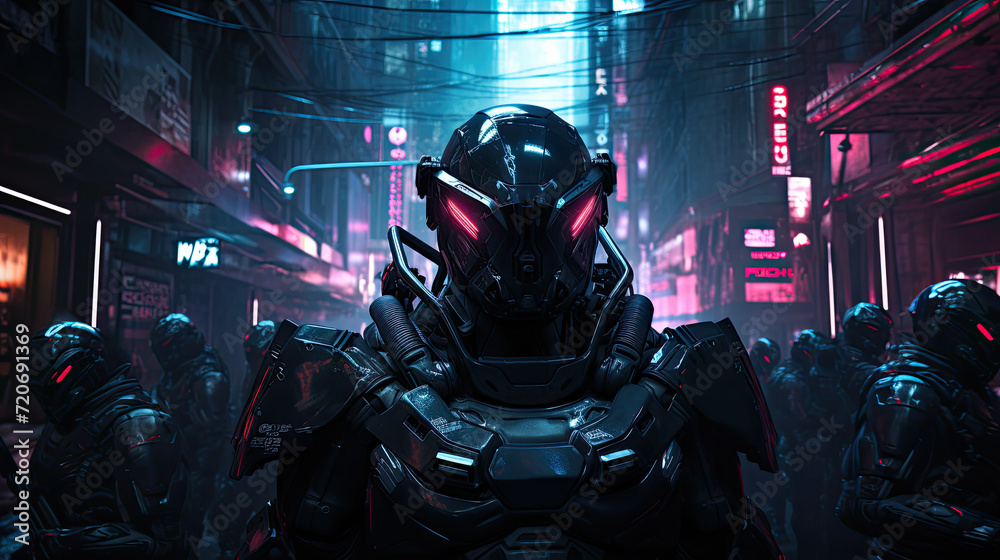 armored robot soldiers in a cyberpunk city