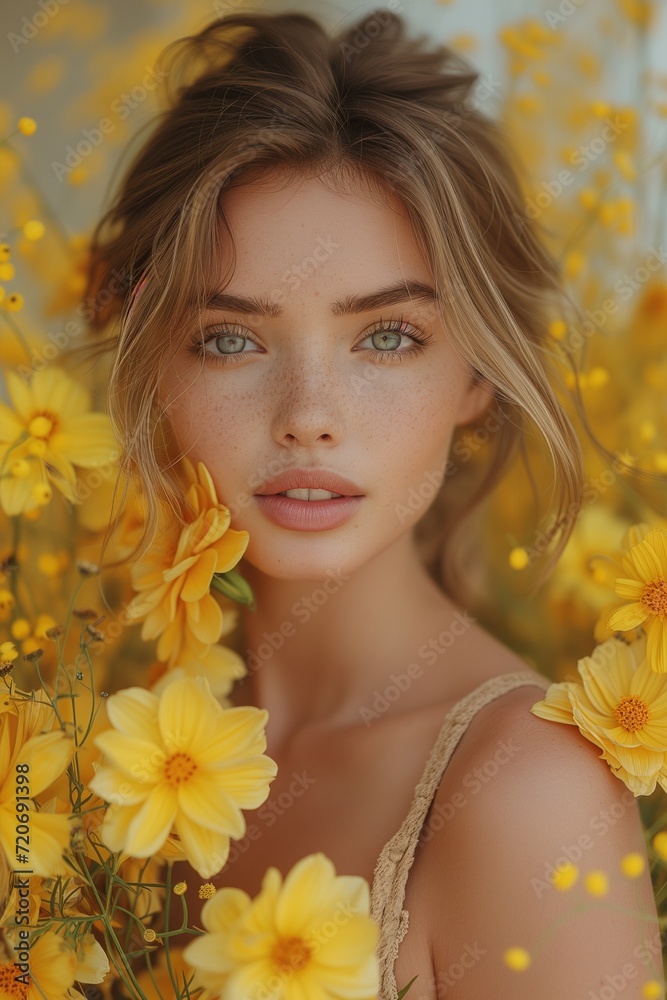 Young Caucasian Woman Holding Yellow Flower Bouquet Young Caucasian Woman Holding Yellow Flower Bouquet