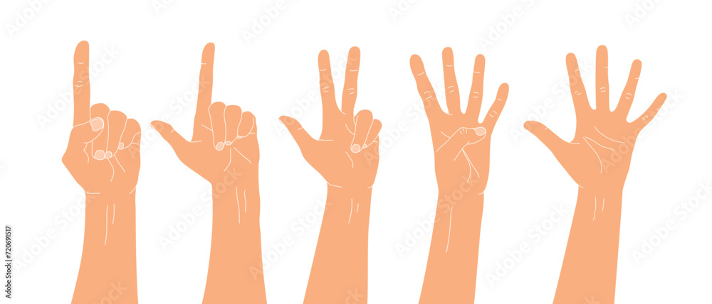 Set of Hand drawn hands counting numbers. Counting fingers. Vector illustration Set of Hand drawn hands counting numbers. Counting fingers. Vector illustration