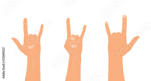 Hard rock horns sign. Rock hand sign hands set. Vector illustration