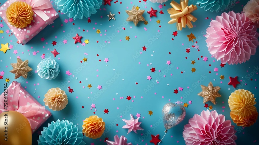 Fototapeta premium Birthday party background top view