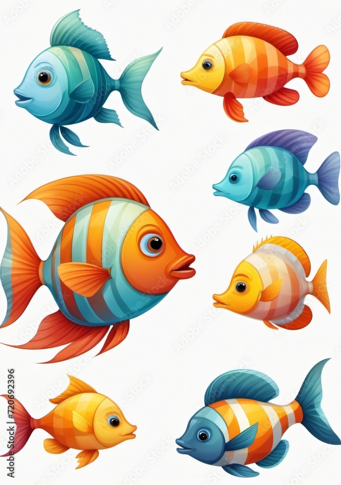 Childrens Illustration Of Sea Fish, Collection, Set, Isolated On A White Background Multicolored Sea Fish