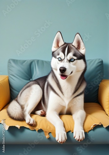 Childrens Illustration Of Husky Dog Chewed And Destroyed The Sofa And Sits On It, A Portrait Of A Harmful Dog At Home