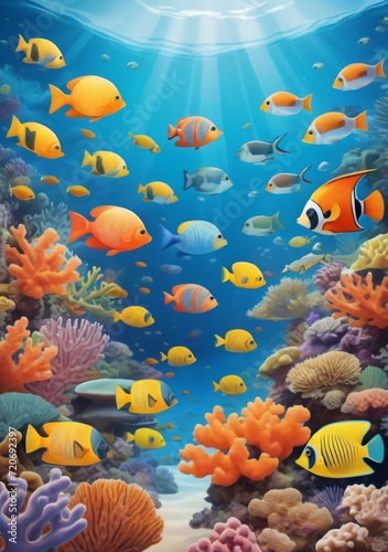 Childrens Illustration Of Tropical Ocean, Coral Reefs And Variety Of Colorful Tropical Fish In The Ocean