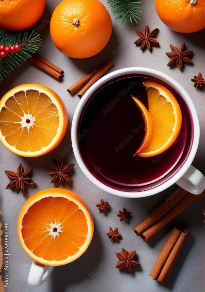 Childrens Illustration Of Christmas Traditional Warm Drink, Mulled Wine, With Oranges, Spices And Cinnamon, Top View, Flat Lay, Copy Space Childrens Illustration Of Christmas Traditional Warm Drink, Mulled Wine, With Oranges, Spices And Cinnamon, Top View, Flat Lay, Copy Space