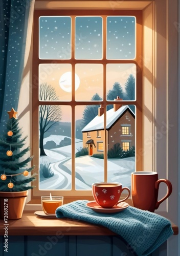 Childrens Illustration Of Winter Holidays, Evening Calm And Cosy Home, Cup Of Tea Or Coffee Mug And Knitted Blanket Near Window In The English Countryside Cottage, Holiday Atmosphere © Pixel Matrix